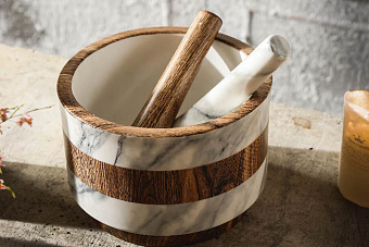 Ступка для специй, 15 см, с пестиком, фарфор P, серо-коричневая, мрамор, Wood&Marble