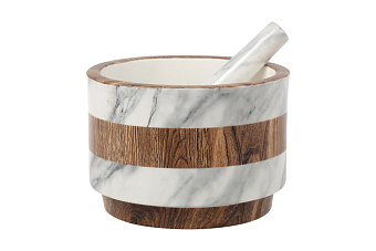 Ступка для специй, 15 см, с пестиком, фарфор P, серо-коричневая, мрамор, Wood&Marble